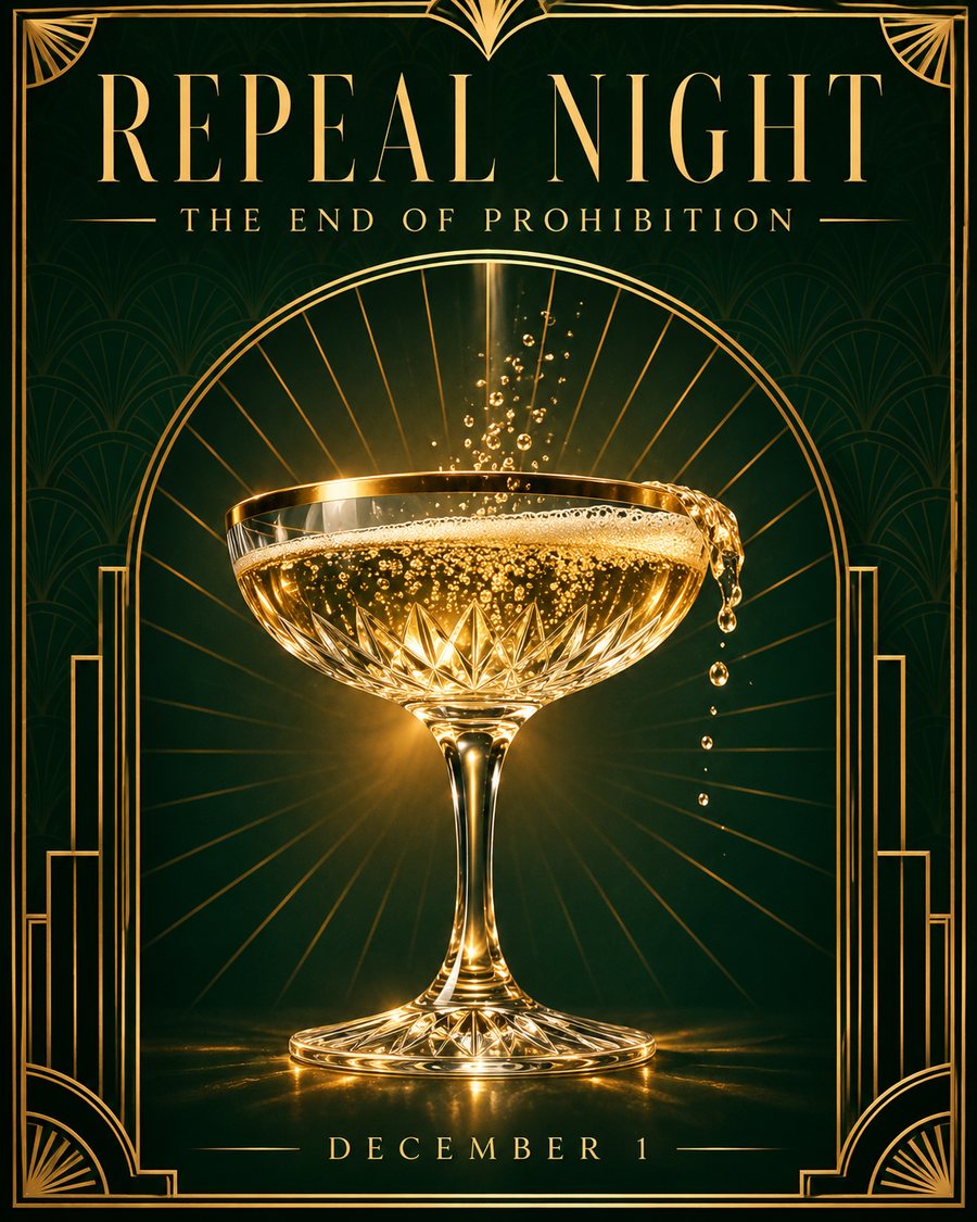 Repeal Night, the end of Prohibition. A gold champagne coupe overflowing with bubbles inside an Art Deco sunburst arch. December 1.
