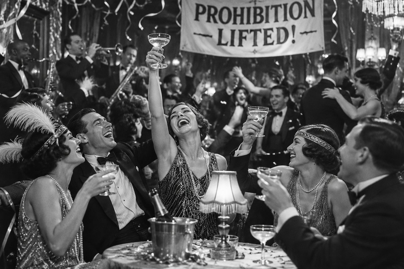 A 1920s supper club celebrating the end of Prohibition: raised champagne coupes, flapper dresses, tuxedos and a jazz band.